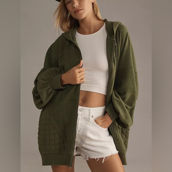 NWT Pilcro Anthropologie L/XL mixed print green zip up hooded sweatshirt - Picture 1 of 8